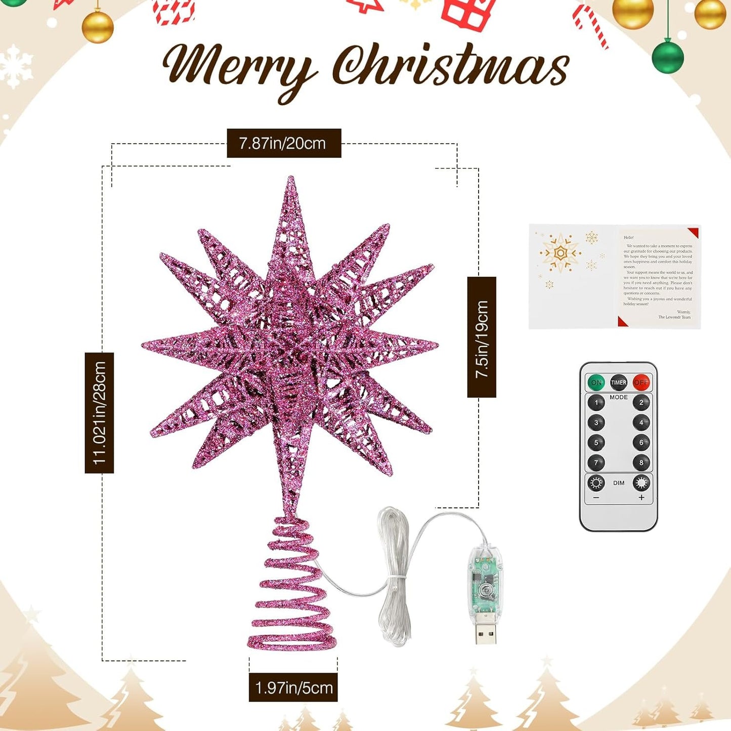 Lewondr USB Powered Christmas Tree Topper with Remote Control and Timer Function, Christmas Decoration with LED Light 3D Star Shape, Home Decoration, Christmas Items, Purple