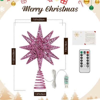 Lewondr USB Powered Christmas Tree Topper with Remote Control and Timer Function, Christmas Decoration with LED Light 3D Star Shape, Home Decoration, Christmas Items, Purple