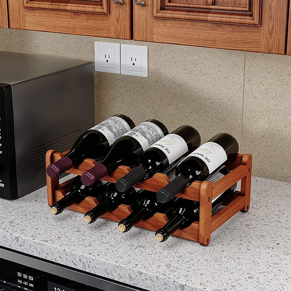 Tabletop Wine Rack Freestanding Bamboo 8 Bottle Storage Shelf Holder Organizer 2 Tier for Refrigerator Countertop Under Cabinet Kitchen Bar Dining Room Brown (2-Tier Brown)