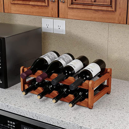 Tabletop Wine Rack Freestanding Bamboo 8 Bottle Storage Shelf Holder Organizer 2 Tier for Refrigerator Countertop Under Cabinet Kitchen Bar Dining Room Brown (2-Tier Brown)
