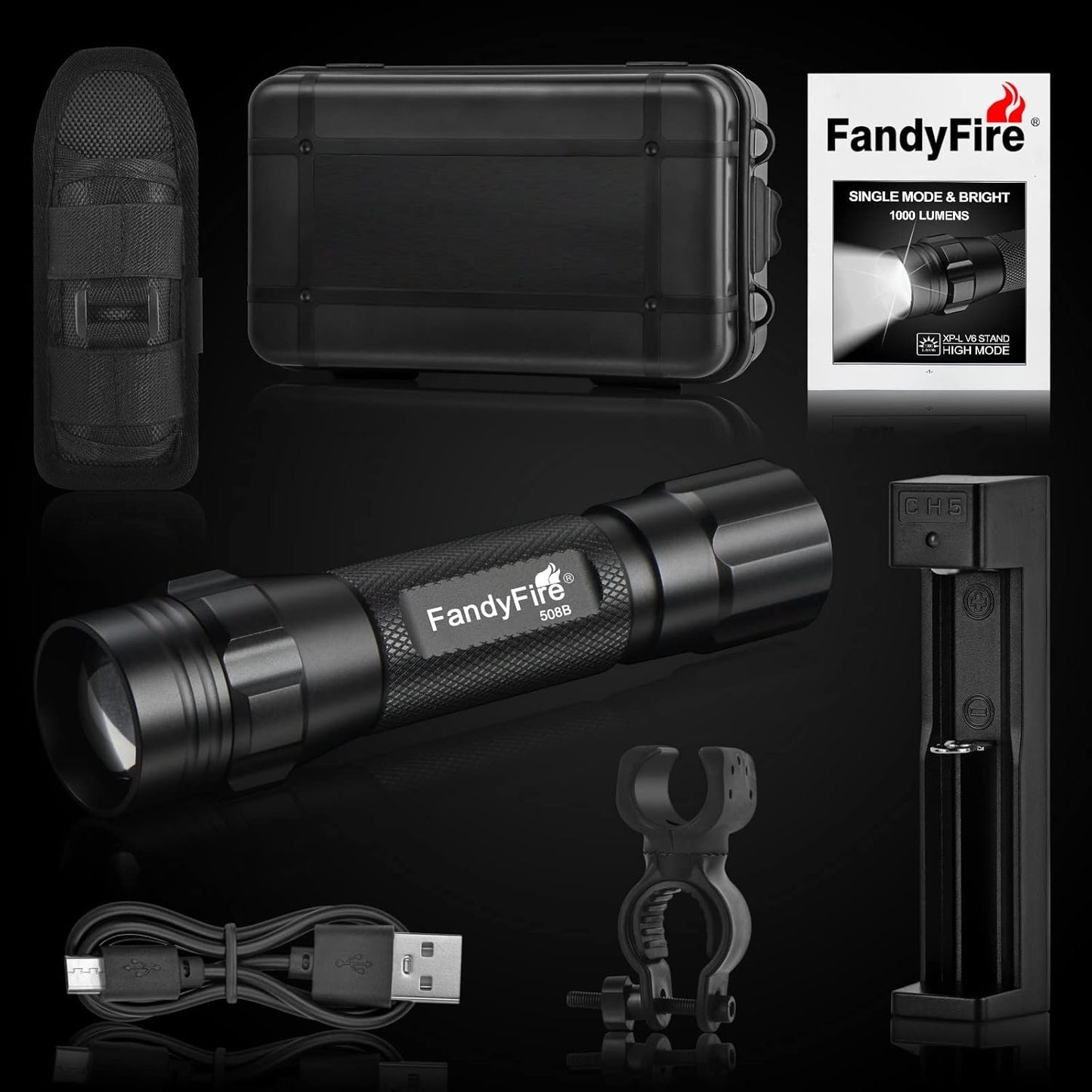 FandyFire Tactical Flashlight with Holster, 1000 High Lumen Single Mode LED Flashlight Duty Belt Flashlight with Holder, Zoomable Law Enforcement Flashlights