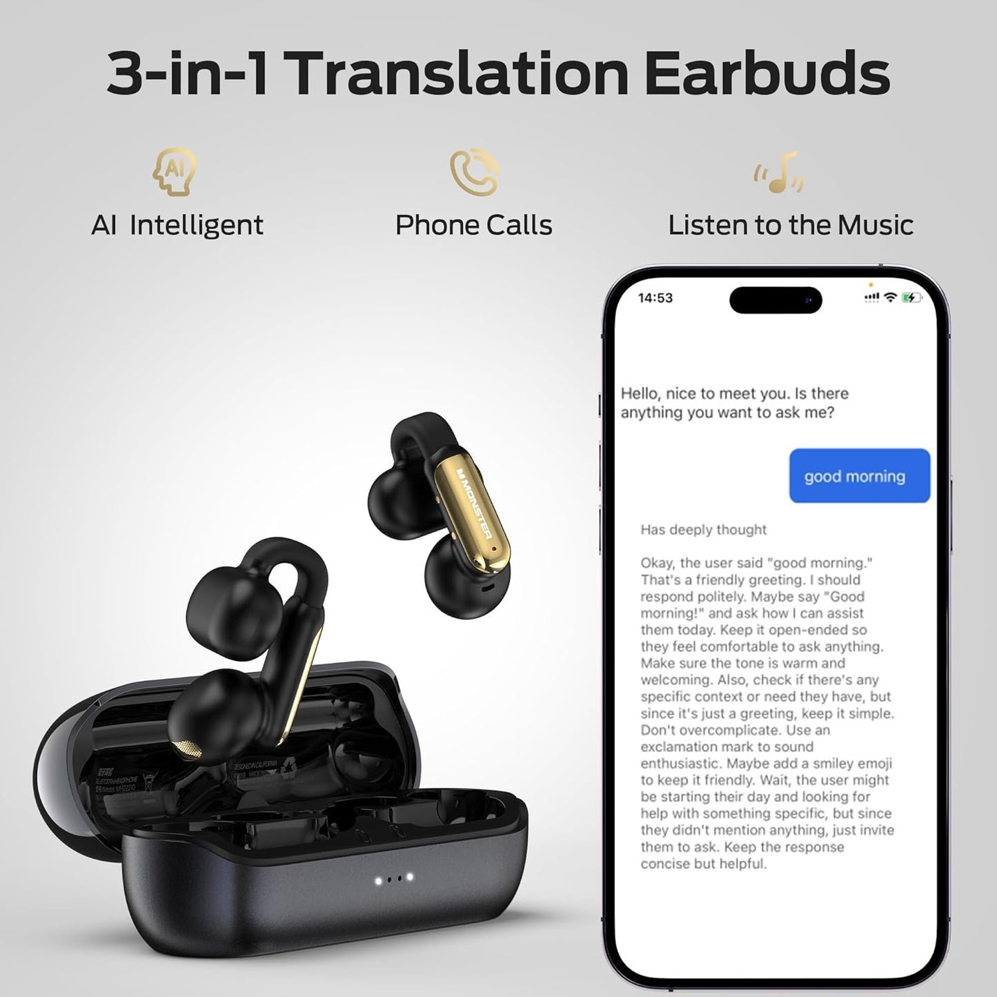 Monster AI Translation Earbuds Open AC601, 3-in-1 Translator Wireless Earbuds, Bluetooth 6.0 Open Earphones with 115 Languages Translation, Real-Time AI & Touch Control Wireless Headphone
