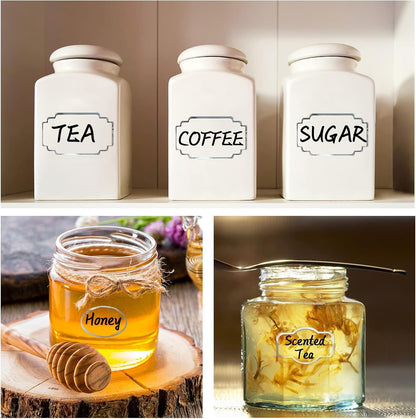 JaoNanl Removable Clear Labels for Jars, Transparent Label Stickers with Silver Border,Waterproof Write-On Kitchen Labels with Markers for Food Container,Storage Bin,Spice Jar,Home Organization,138Pcs