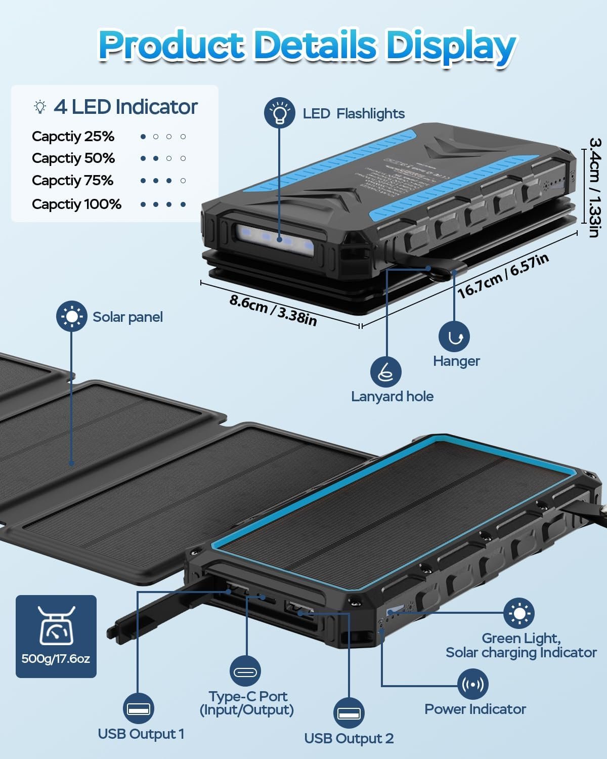 Solar Charger 20000mAh Solar Power Bank with Dual 3A Outputs USB C Fast Charging Portable Charger, 4 Solar Panels External Battery Waterproof and Flashlights for Phone,Tablet,Outdoor,Camping (Blue)