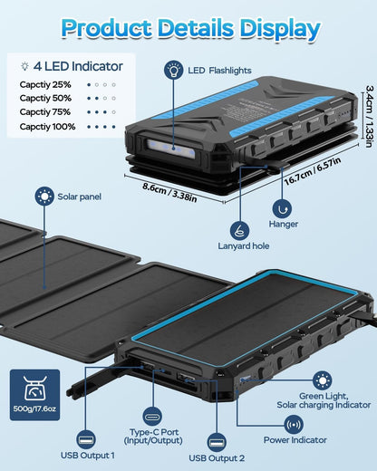 Solar Charger 20000mAh Solar Power Bank with Dual 3A Outputs USB C Fast Charging Portable Charger, 4 Solar Panels External Battery Waterproof and Flashlights for Phone,Tablet,Outdoor,Camping (Blue)