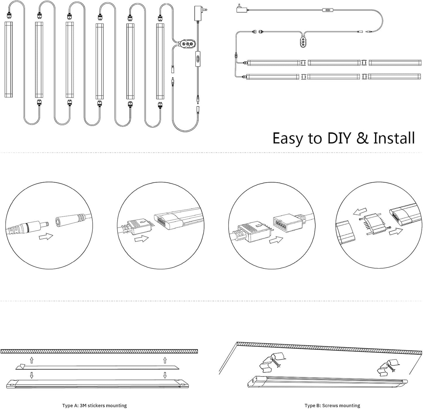 Under Cabinet Lighting RGB Strips Lights Plug in Works with Alexa,Google Home,Smart APP, Remote Control Color Changing Light Bars for Kitchen Counter,Shelf,Bookcase,12V Backlights Linkable,6pcs