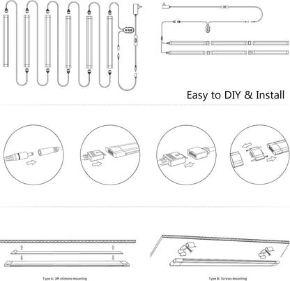 Under Cabinet Lighting RGB Strips Lights Plug in Works with Alexa,Google Home,Smart APP, Remote Control Color Changing Light Bars for Kitchen Counter,Shelf,Bookcase,12V Backlights Linkable,6pcs