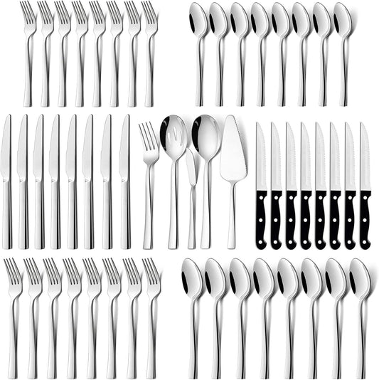 HaWare 53-Piece Silverware Set with Steak Knives, Stainless Steel Sturdy Flatware Serving Utensils, Modern Design Cutlery Tableware for Home Holiday Gift, Dishwasher Safe-Servive for 8