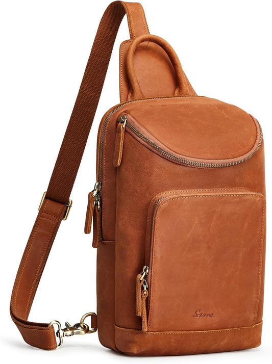 S-ZONE Sling Bag for Women Men Genuine Leather Vintage Crossbody Chest Bags Backpack Daypack Outdoor Travel