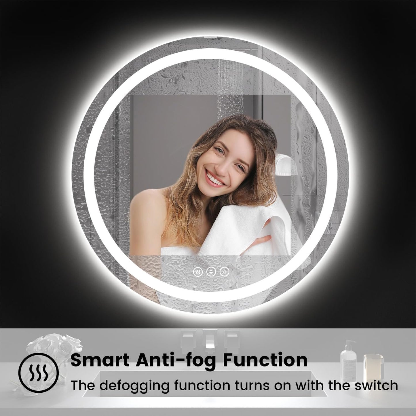 Round LED Bathroom Mirror with Lights, Backlit & Front Lighted, Wall-Mounted Vanity Mirror 3000K/4000K/6000K, Memory Functions, Anti-Fog, Dimmable Smart Mirror (Round 24" x 24")