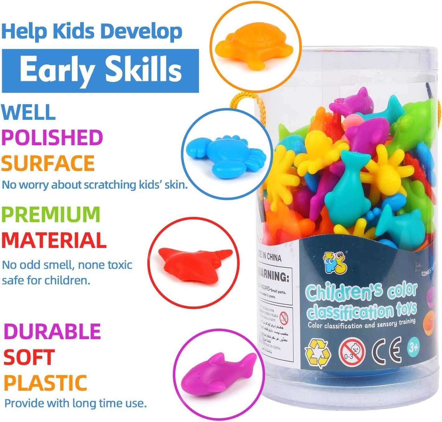 JMANNI Colour Sorting Montessori Toys, Colourful Sea Creatures Counting Educational Toys with Bowls and Tongs, Learning Toys for 3 4 5+ Year Olds Toddlers