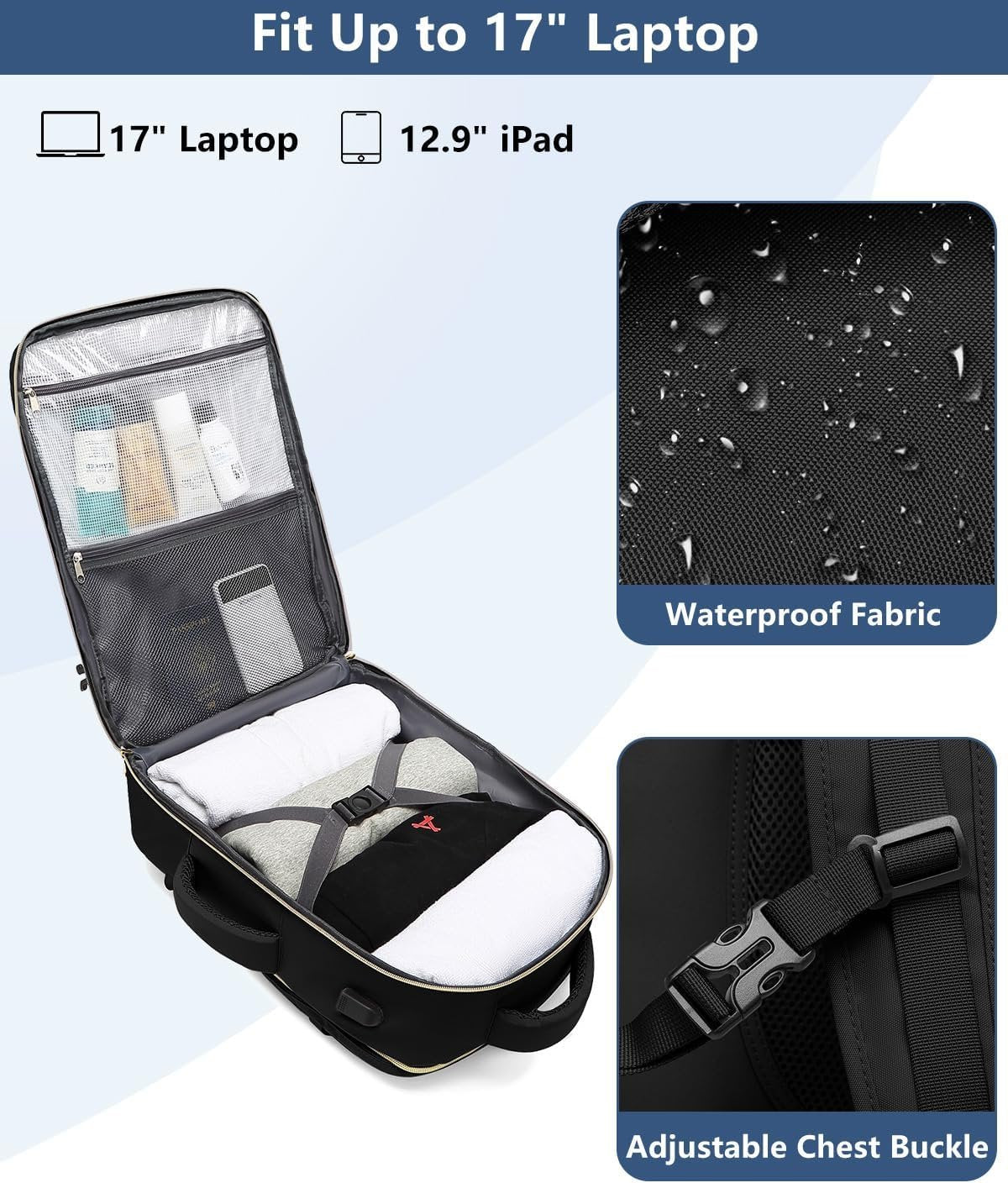Carry on Women Travel Backpack: TSA Flight Approved Personal Item Backpacks Large 40L Waterproof Luggage Suitcase Backpack fit 17 Inch Laptop Weekender Overnight Traveling Bag with USB Charge