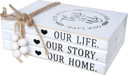 LIVDUCOT Wood Decorative Books Stack Rustic Home Decor Stack White Wooden Books for Modern Home Decor,Shelf,Mantle or Tray This is Us Our Life Our Story Our Home 7X 5.5X 2.5'