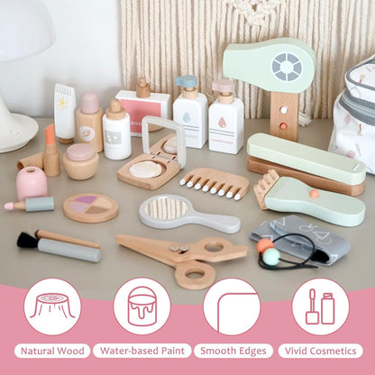 Smartwo 22 Pcs Wooden Makeup Toy Set ,Montessori Inspired Ultimate Beauty and Hair Salon Kit for Kids Pretend Play ,Kids Makeup Kit for Girl Toys for Toddler Girls Aging 2 3 4 Years Old