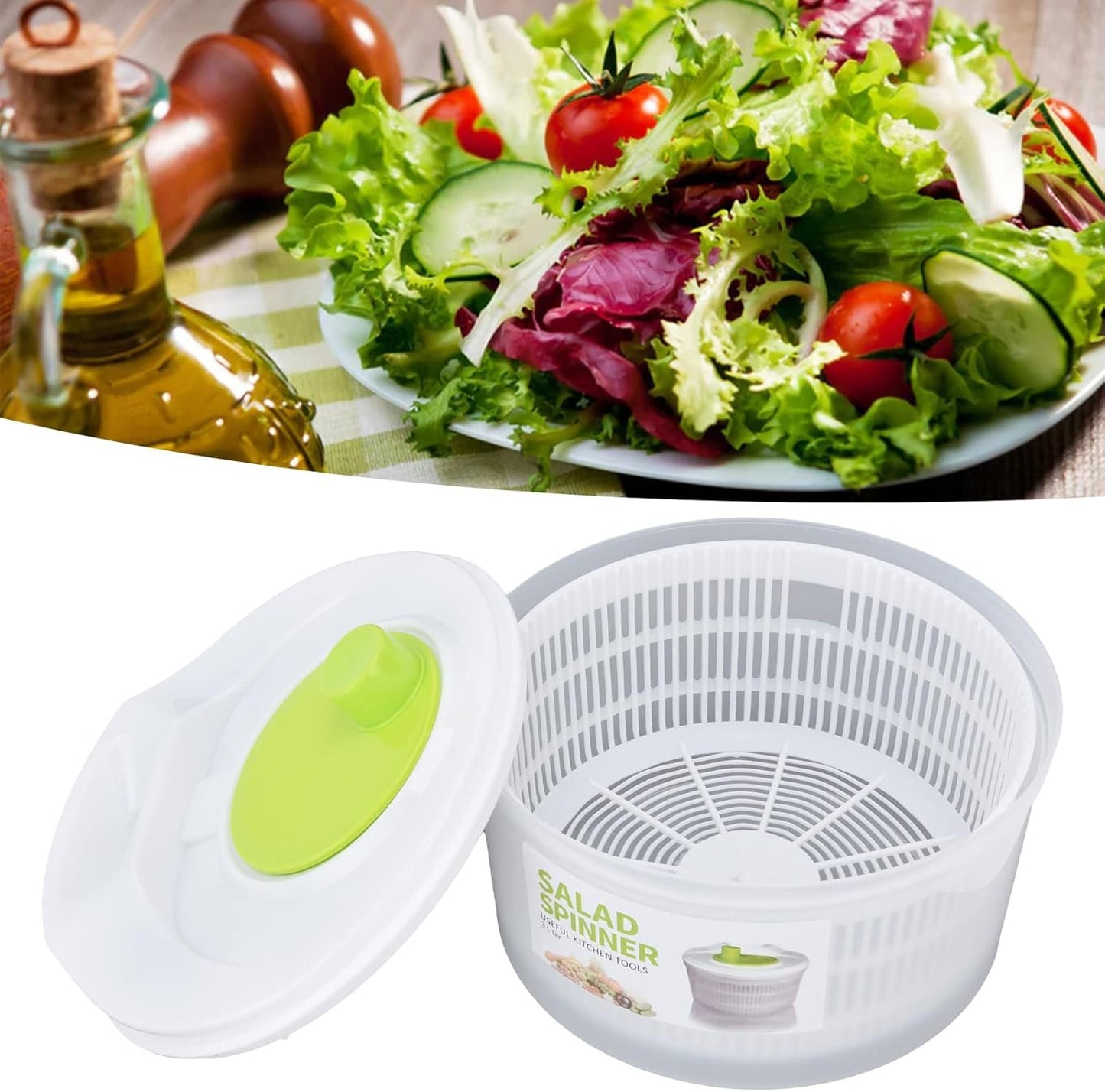 Salad Spinner, Large 3L Fruits and Vegetables Dryer Vegetable Washer Dryer Plastic Salad Drainer with Bowl Colander for Kitchen Faster Food Prep,