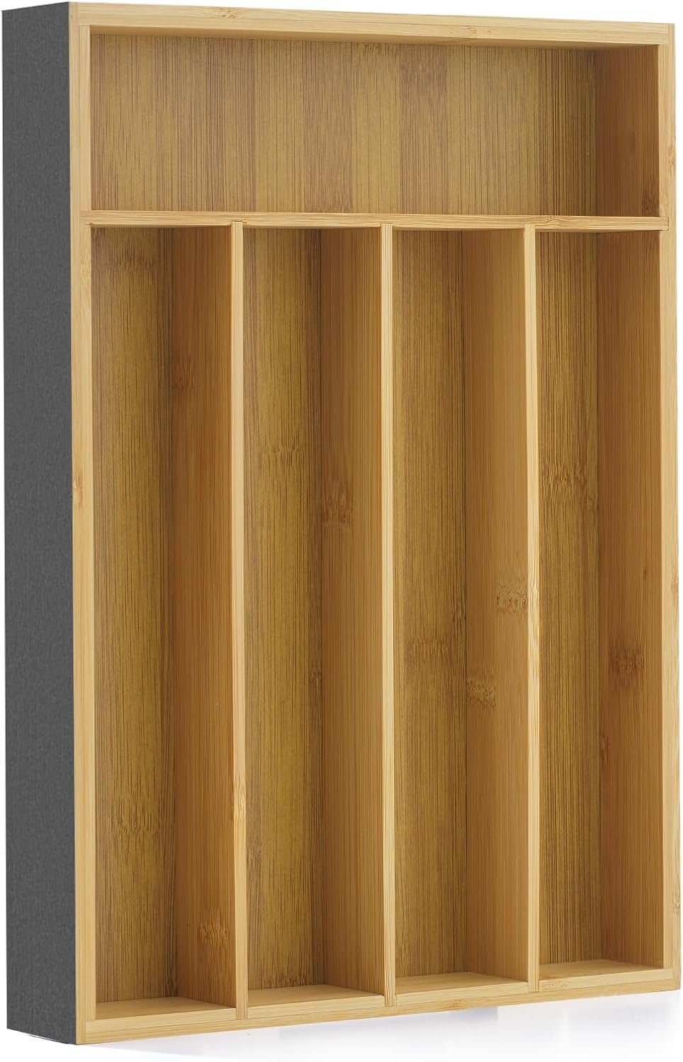 JoyJolt Bamboo Drawer Organizer for Kitchen Utensils, Drawer Divider for Large Cutlery and Silverware, Flatware Holder Tray, 5-Compartment Silverware Organizer, Garage Kitchen & Junk Drawer Organizer