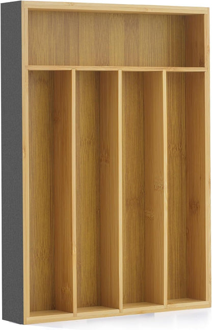 JoyJolt Bamboo Drawer Organizer for Kitchen Utensils, Drawer Divider for Large Cutlery and Silverware, Flatware Holder Tray, 5-Compartment Silverware Organizer, Garage Kitchen & Junk Drawer Organizer
