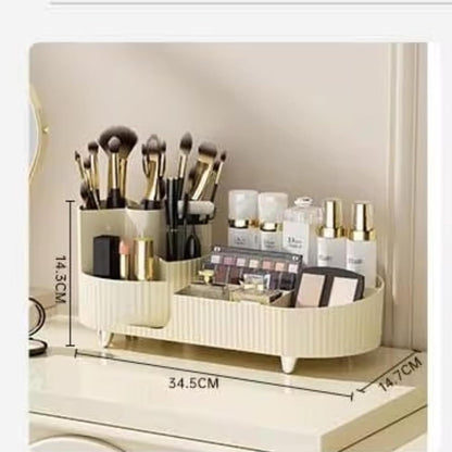 LUSHLOOM Modern Elegant Rotating Makeup Organizer - 360° Adjustable Cosmetic Storage Tray, Multi-Compartment Organizer for Makeup, Brushes, Skincare, Accessories - Beige