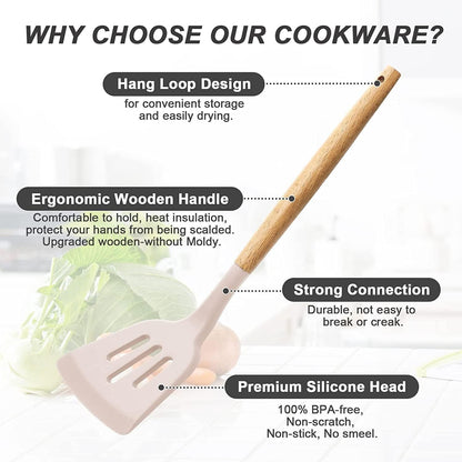 34 Pcs Silicone Kitchen Utensils Set Heat Resistant with High Quality Stainless Steel Handles for Cooking and Baking, Non-Stick Spatulas, Kitchen Utensils (Khaki)