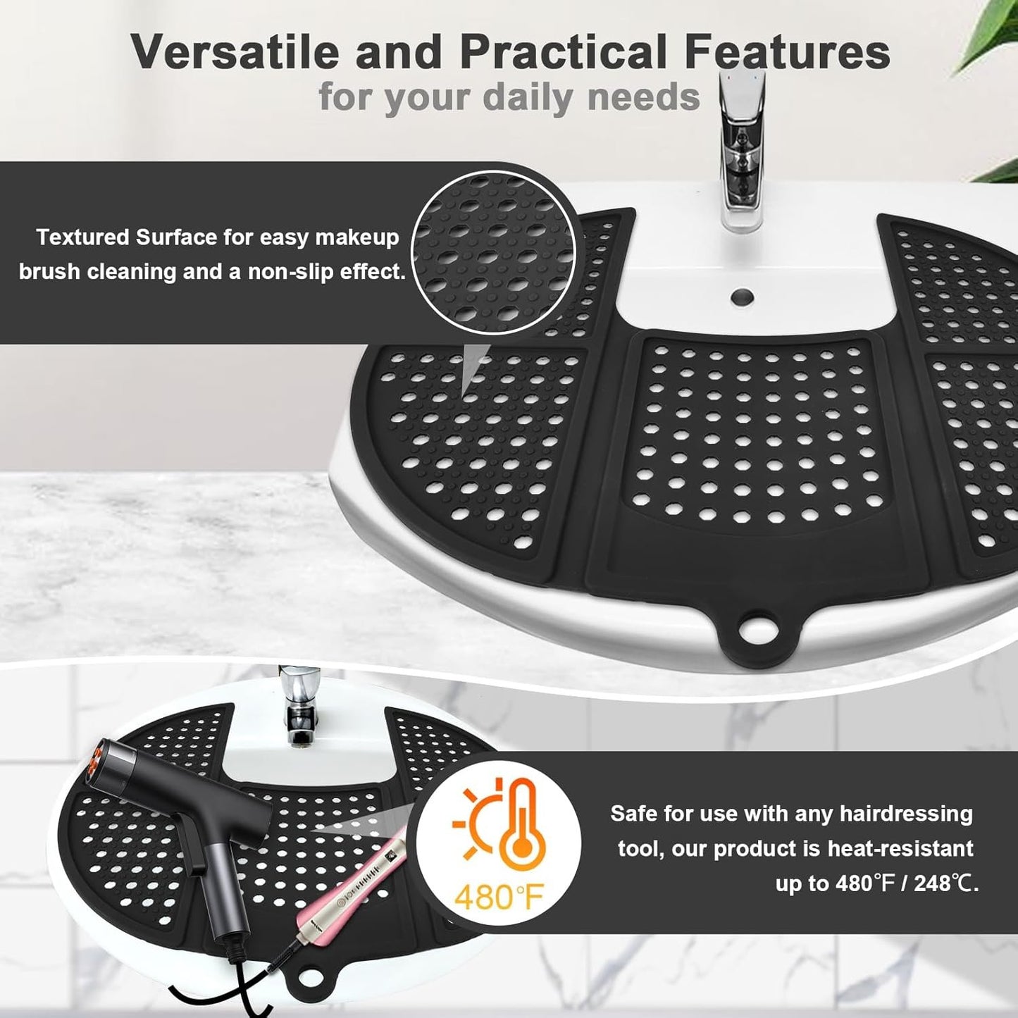YHJWW Foldable Bathroom Sink Cover for Counter Space, Heat Resistant Silicone Makeup Organizer Mat for Your Beauty Routine, Small Bathroom & Rv Camper Travel Must Haves Accessories, Black