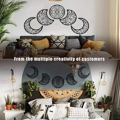 Moon Wall Decoration, Moon Phase Wall Art Decoration Hanging (5 Pieces) Nordic Wood Moon Appearance Natural Design Moon Interior, Boho Bedroom Decor Home Wall Decor (Black)