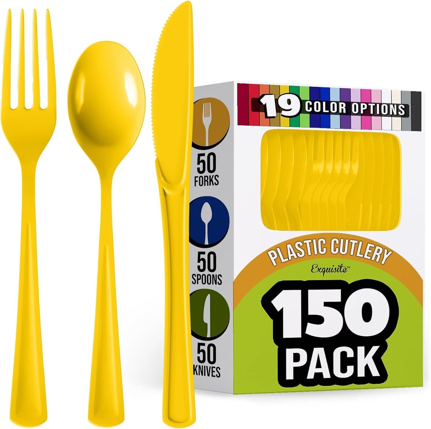 Yellow Plastic Silverware Heavy Duty 150 Pcs Yellow Plastic Cutlery Sets, Utensil Sets, 50 Of Each Forks, Knives & Spoons Disposable Cutlery Set, Flatware Set For Party Supplies Party Solids
