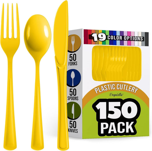 Yellow Plastic Silverware Heavy Duty 150 Pcs Yellow Plastic Cutlery Sets, Utensil Sets, 50 Of Each Forks, Knives & Spoons Disposable Cutlery Set, Flatware Set For Party Supplies Party Solids