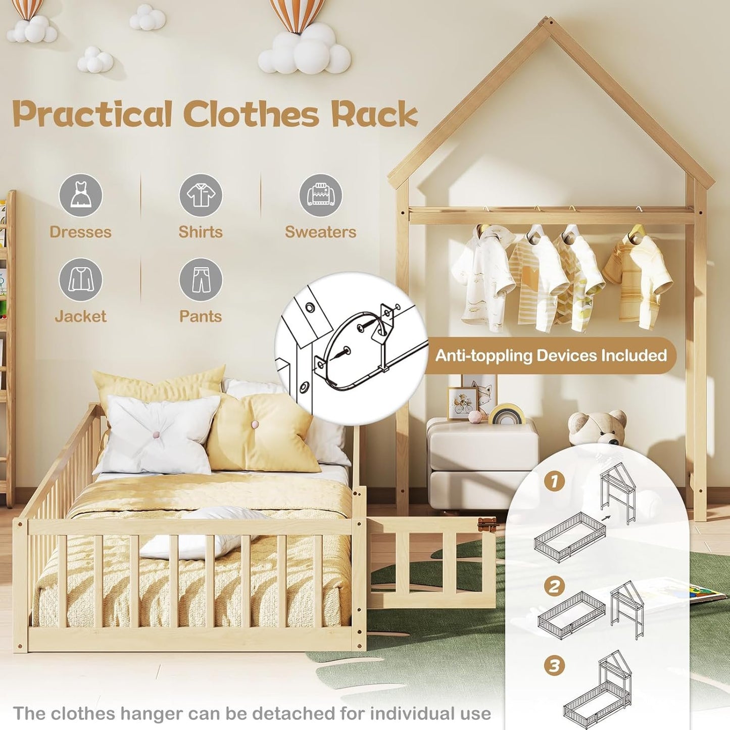 KOMFOTT Twin Size Floor Bed with House-Shaped Headboard, Kids Montessori Floor Bed with Detachable Clothes Hanger, Full Length Safety Guardrails, Door & Latch, Solid Wood Floor Bed Frame