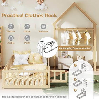 KOMFOTT Twin Size Floor Bed with House-Shaped Headboard, Kids Montessori Floor Bed with Detachable Clothes Hanger, Full Length Safety Guardrails, Door & Latch, Solid Wood Floor Bed Frame