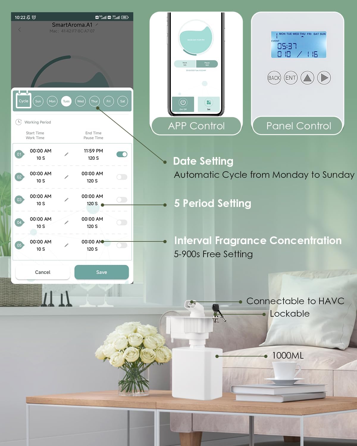 Mxmoonant Essential Oil Diffuser, Waterless, 3000m³ Cover, 1000 ml Oil Bottle, Wall Mounted, Electric, App Control, HVAC Connectable for Large Rooms, Home, Office, Hotel