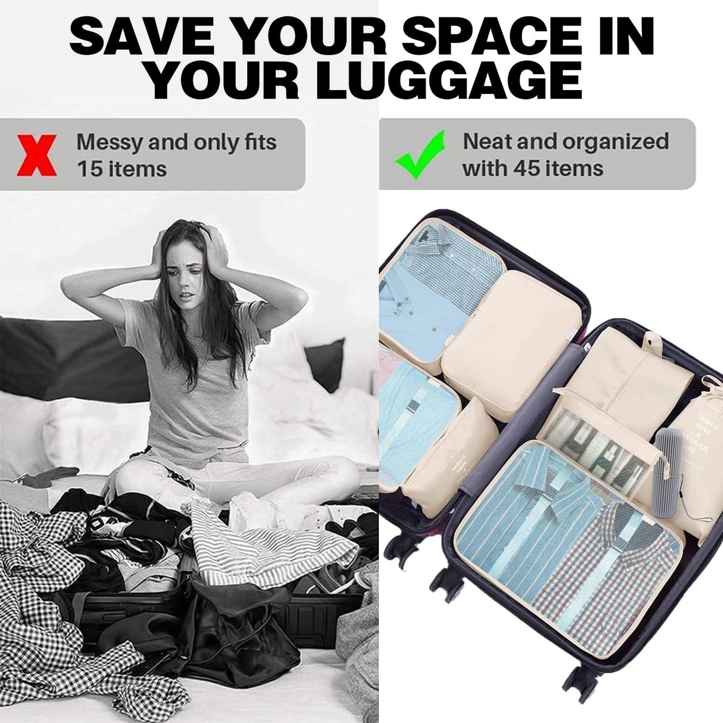 EHIOG Suitcase Organizer, 9 Pieces Space-Saving Suitcase Organizer, Packing Cubes Set Suitcase Organizer for Clothes, Cosmetics, Shoes, Underwear, Toiletries (Beige)