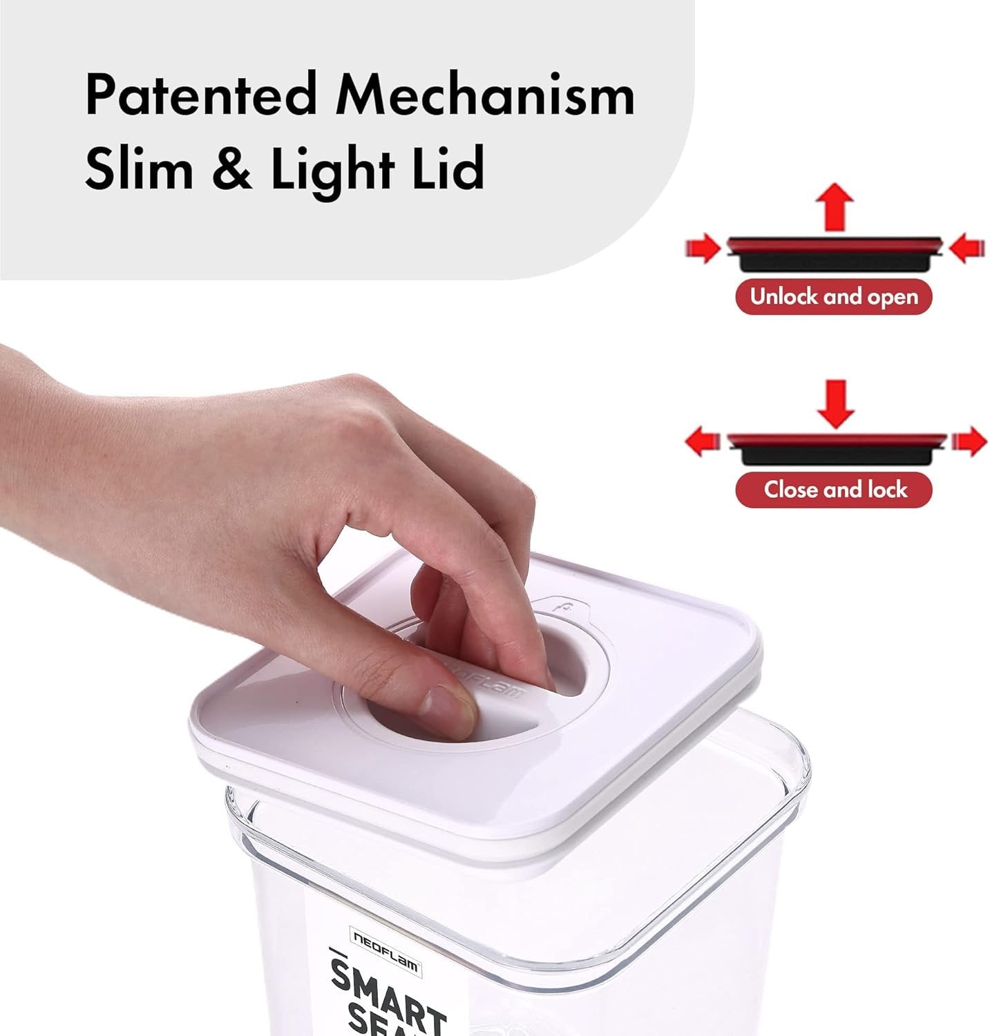 Neoflam Smart Seal 8pc Patent Airtight Kitchen Pantry Canister/Organizer Clear Plastic Container & Simple Twist Lids, 100% Leak Proof, Dishwasher Safe, BPA Free, Cereal, Dry Food Storage Set, White