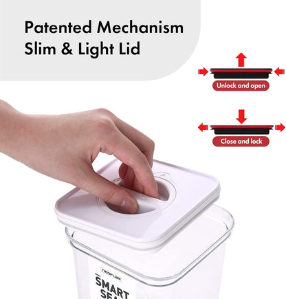 Neoflam Smart Seal 8pc Patent Airtight Kitchen Pantry Canister/Organizer Clear Plastic Container & Simple Twist Lids, 100% Leak Proof, Dishwasher Safe, BPA Free, Cereal, Dry Food Storage Set, White