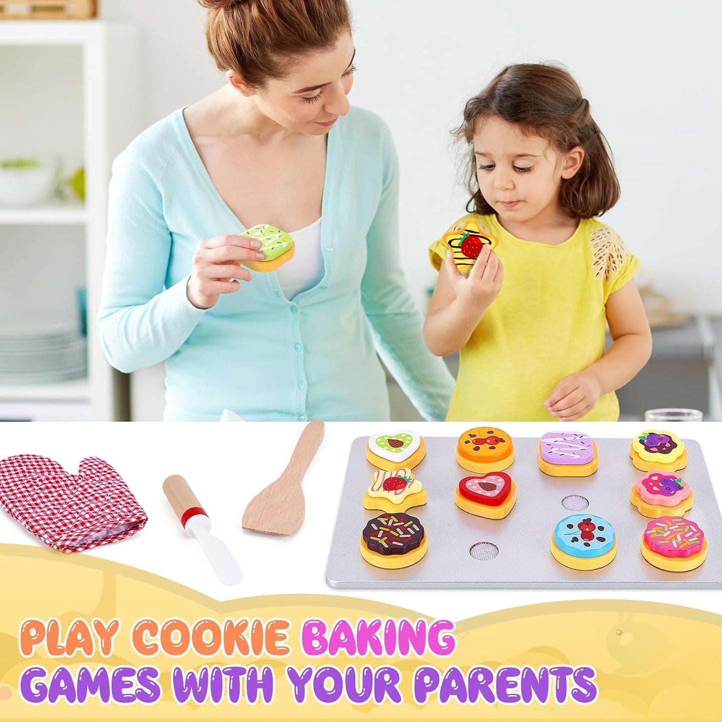 Slice and Bake Wooden Cookie Play Food Set for Kids Kitchen - Toy Food Accessories - Kids Pretend Cookies and Baking Sheet, Toy Baking Set for 3+ Year Old Boys Girls Birthday Gifts