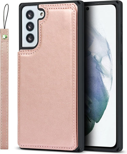 Cavor PU Leather Wallet for Samsung Galaxy S21/ S21 5G Case Flip Magnetic Clasp Back Cover Shockproof Soft TPU Phone Cases with Lanyard & Card Slots Holder & Kickstand Protective Case-Rose