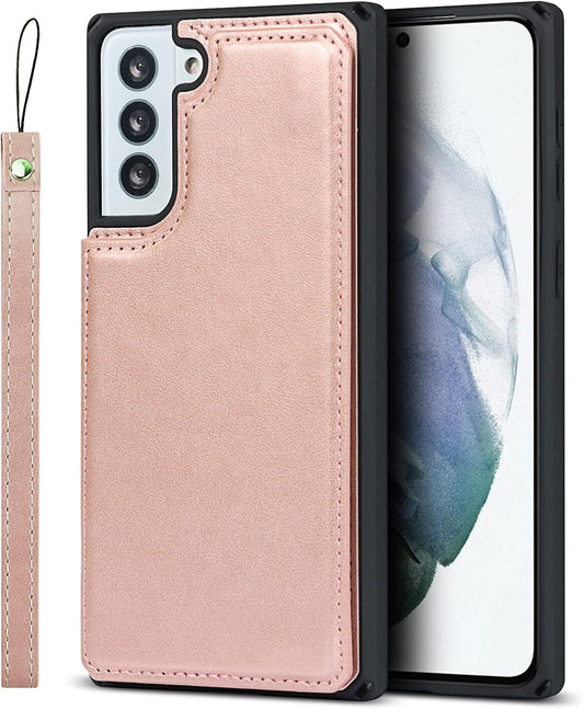 Cavor PU Leather Wallet for Samsung Galaxy S21/ S21 5G Case Flip Magnetic Clasp Back Cover Shockproof Soft TPU Phone Cases with Lanyard & Card Slots Holder & Kickstand Protective Case-Rose