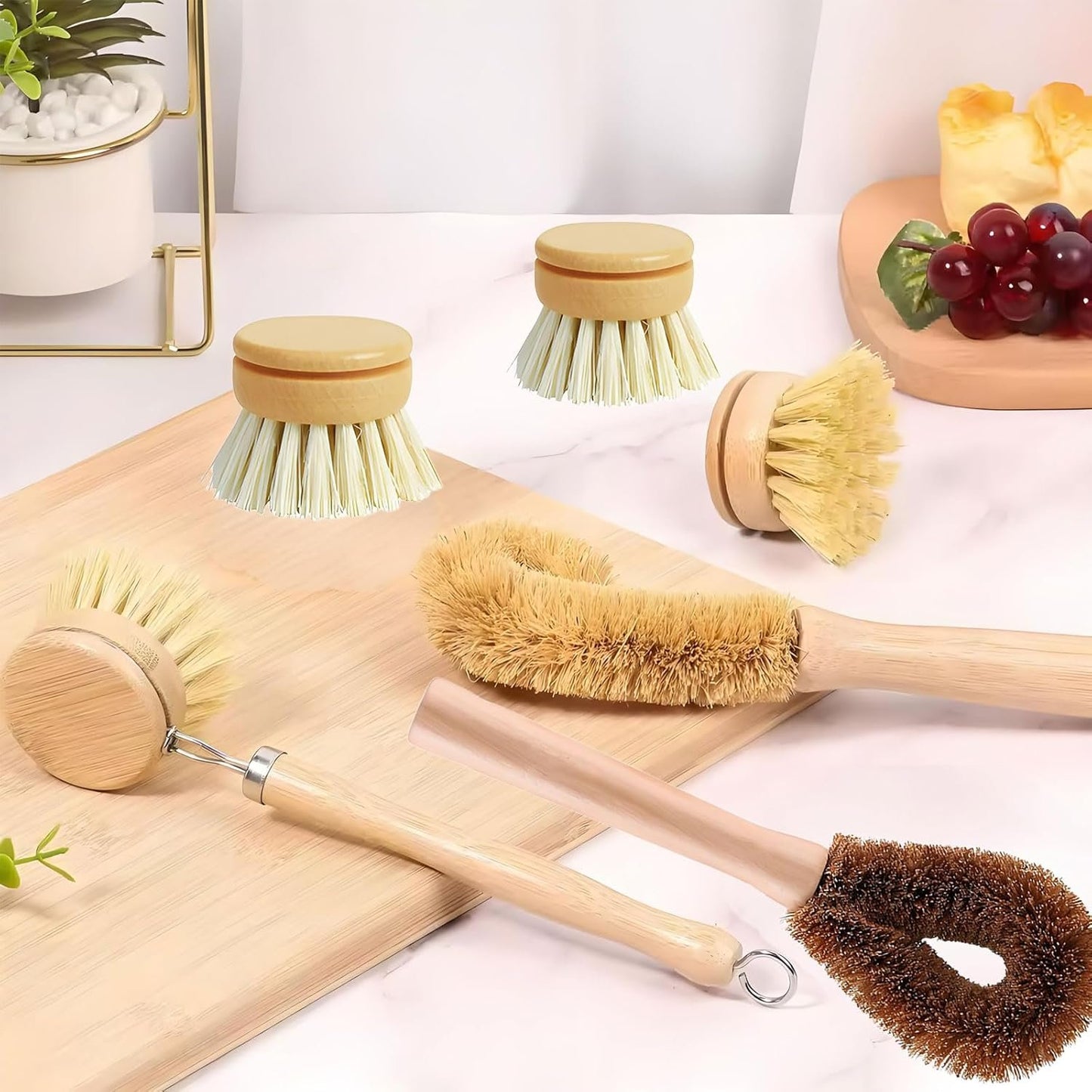 MYTOAU 6 Pack Bamboo Dish Brushes Sets for Kitchen with Handle,Wooden Cleaning Scrubbers Brushes, Eco-Friendly Natural Dishes Washing Brush for Dishwashing Cast Iron Pots Pans Skillet Kitchen Sink