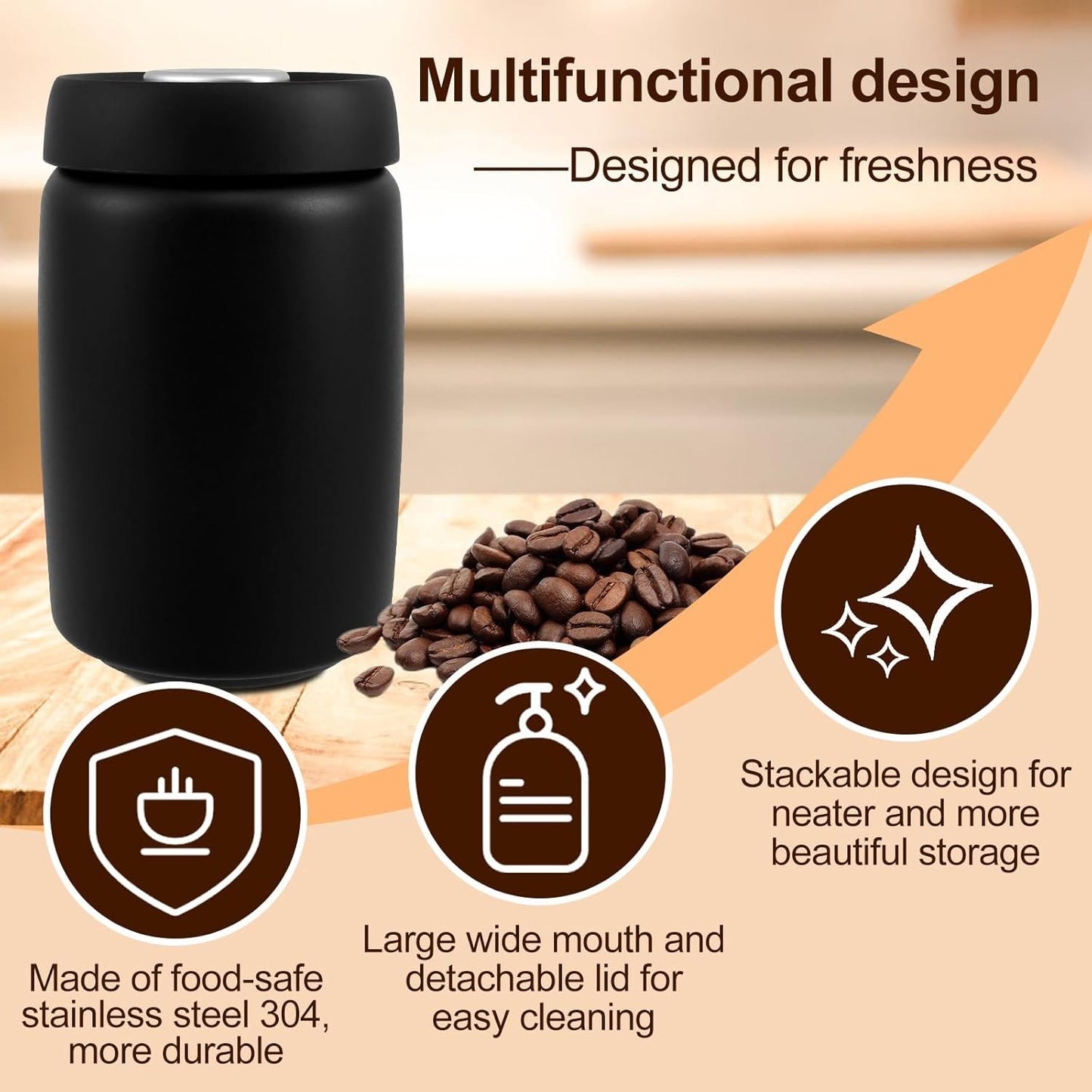 Coffee Vacuum Canister, 1200ml Stainless Steel Food Storage Container, Airtight Coffee Bean Container, Press Out Excess Air Preserve Food Freshness, Multi Use Coffee Canister for Cereal, Loose Tea