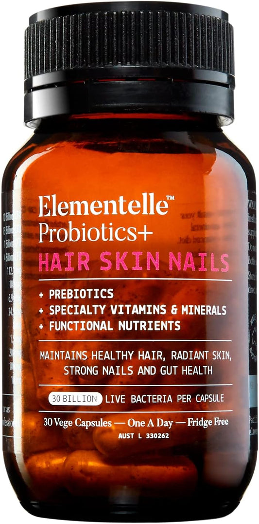 Elementelle Hair Skin & Nails Probiotic & Prebiotic Supplement with Zinc & Vitamin C – Vegan Probiotic Skin Nail Hair Growth Vitamins & Minerals – Non GMO Made in Australia - 60 Vegetarian Capsules