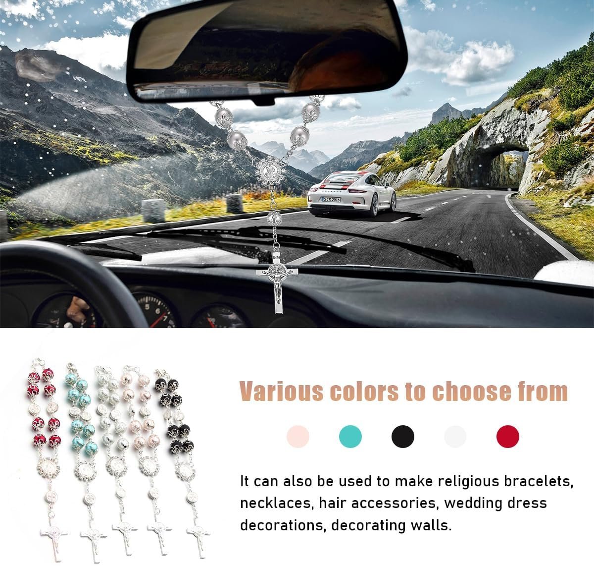 Ohleats Car Rosary for Rearview Mirror, Personalized Rear View Cross Blessing Beads Decor, Auto Rearview Catholic Rosary Hanging Pendant, Interior Men Women Car Accessories (Silver)