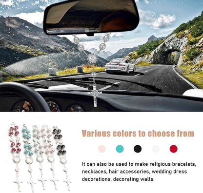 Ohleats Car Rosary for Rearview Mirror, Personalized Rear View Cross Blessing Beads Decor, Auto Rearview Catholic Rosary Hanging Pendant, Interior Men Women Car Accessories (Silver)
