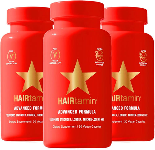 HAIRtamin Fast Hair Growth Biotin Vitamins Gluten Free thirty Vegetarian Capsules Supports Stronger Longer Thicker Hair Reduces Hair Loss and Thinning All Natural Supplement three pack