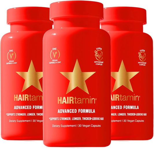 HAIRtamin Fast Hair Growth Biotin Vitamins Gluten Free thirty Vegetarian Capsules Supports Stronger Longer Thicker Hair Reduces Hair Loss and Thinning All Natural Supplement three pack