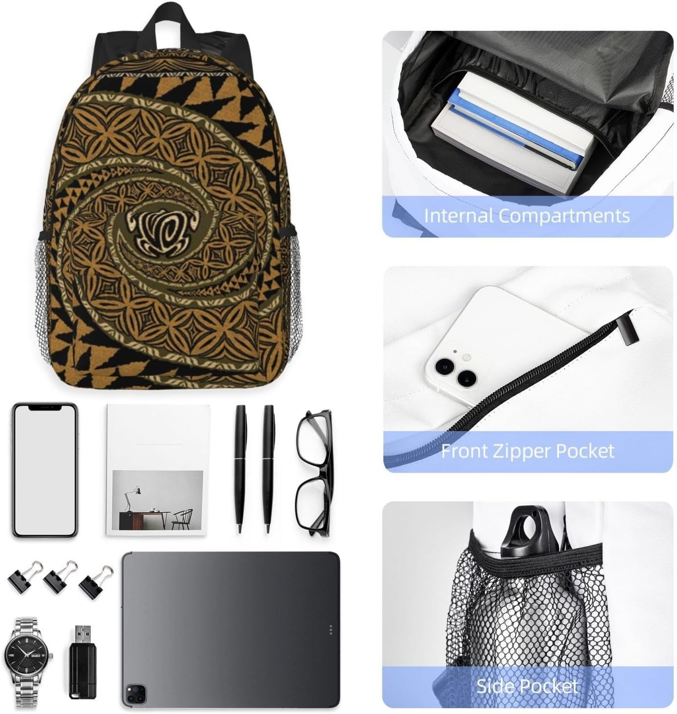 JBYJBX Hawaiian Tapa Honu Turtle Print Adult Lightweight 15in Backpack Travel Hiking Essentials Laptop Bag Day Backpacks