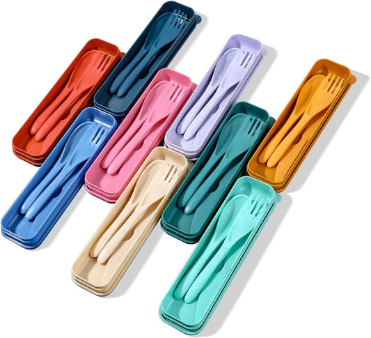 9 Sets Wheat Straw Cutlery, Reusable Utensil Set with Case Spoon Knife Fork Tableware Set, Portable Camping Utensils for Kids Adult Travel Picnic Camping Essentials (9 Colors)