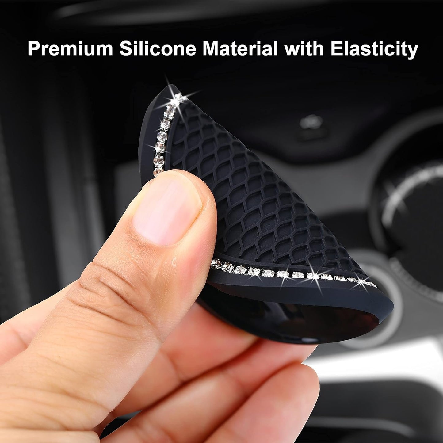 2PCS Bling Car Cup Coaster, 2.75 Inch Auto Cup Holder Insert Coasters Silicone Anti-Slip Crystal Rhinestone Drink Mat, Universal Vehicle Interior Accessories for Women Girls (Black)