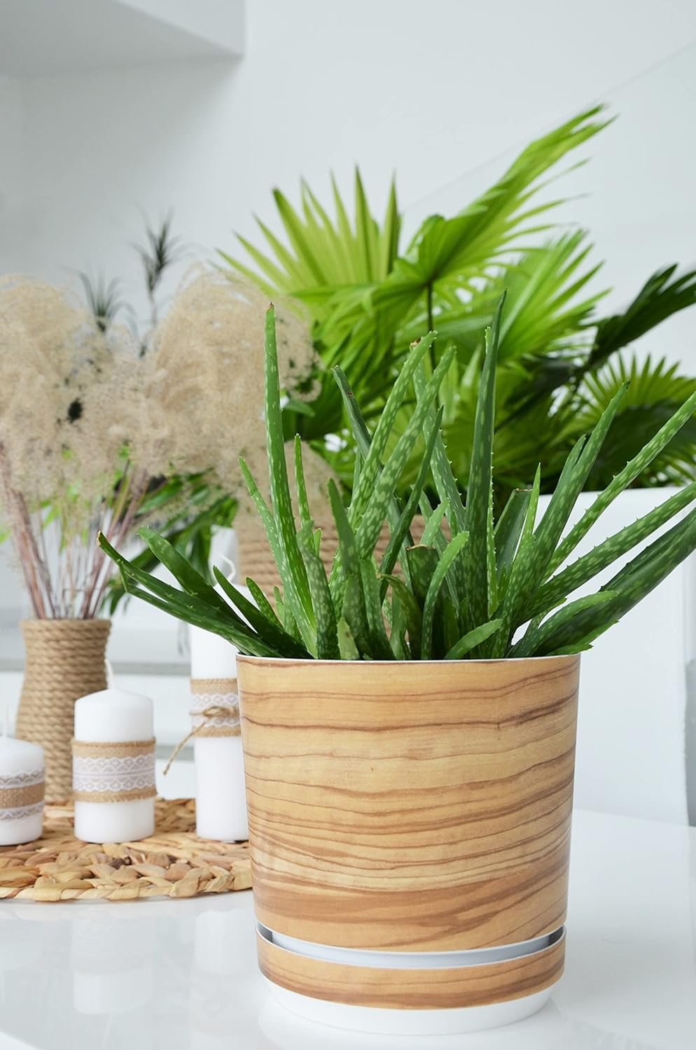 KORAD Flower Pot with Integrated Coaster - Decoration 047 - Bamboo Diameter 12 cm - High Quality Plastic Plant Pot - Decorative Plant Pot with Drainage Holes