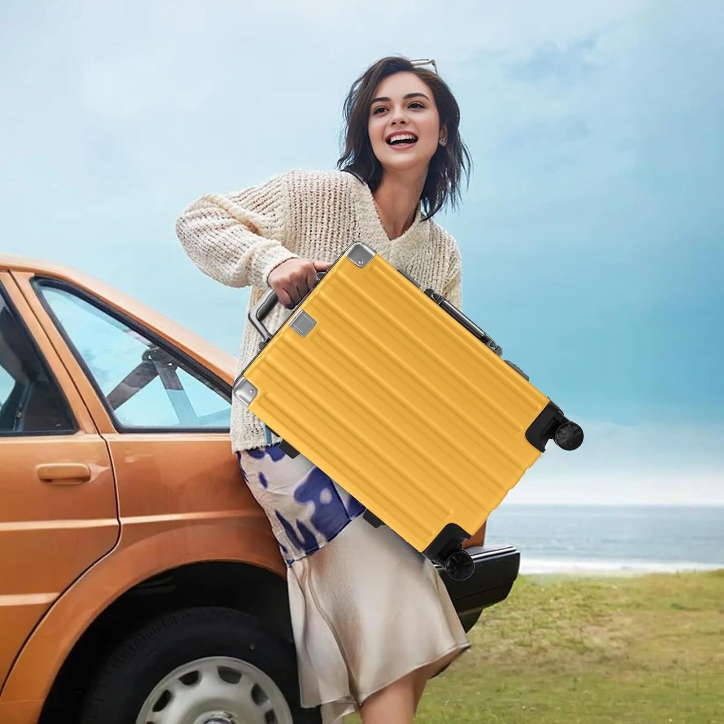 Krute Carry On Luggage PC+ABS Luggage Aluminum Frame Zipperless Lightweight Hardshell Suitcase with TSA Lock Spinner Wheels 20 Inch Yellow
