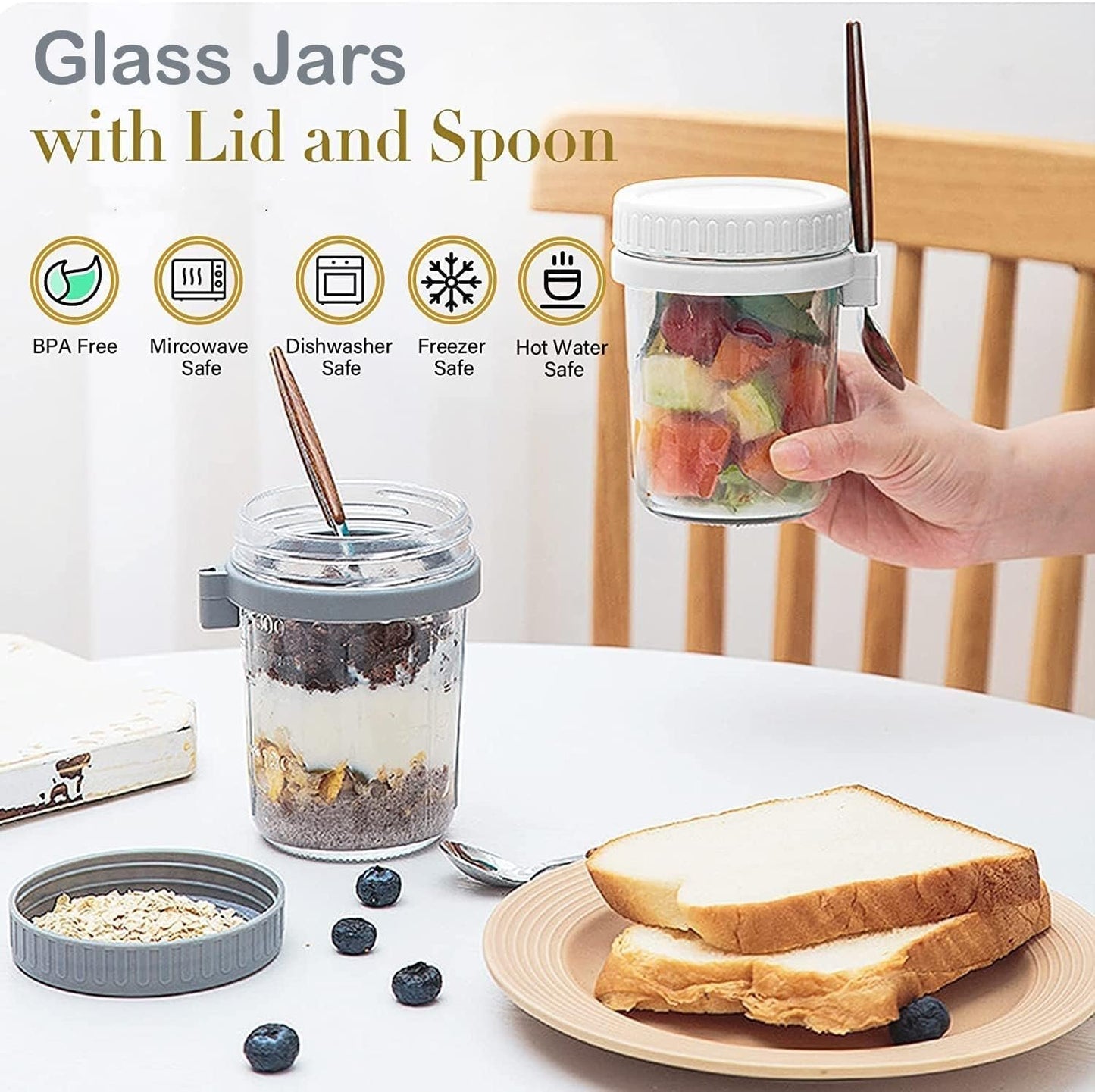HJB VISSO Glass Jars, Overnight Oats Container with Lid and Spoon [4 Pack], Overnight Oats Jars, 350ml / 10 oz Cereal, Milk, Vegetable and fruit Salad Storage Container with Measurement Marks