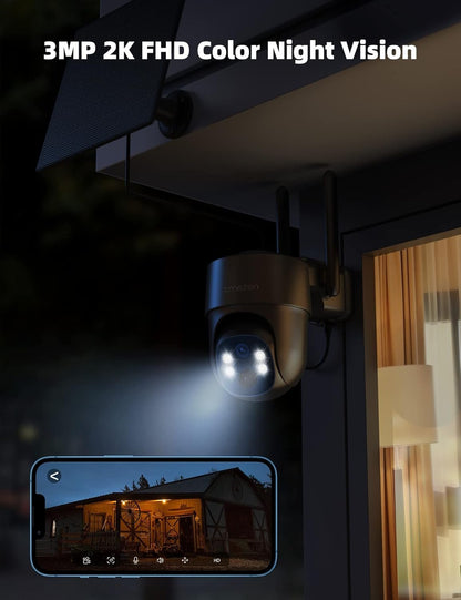 TMEZON 4G LTE Surveillance Security Camera Wireless Outdoor Solar Powered, 2K HD Color Night Vision, Pan Tilt 360Â°View Spotlight, 2-Way Talk, SIM Card & TF Card Included, PIR Motion with Solar Panel